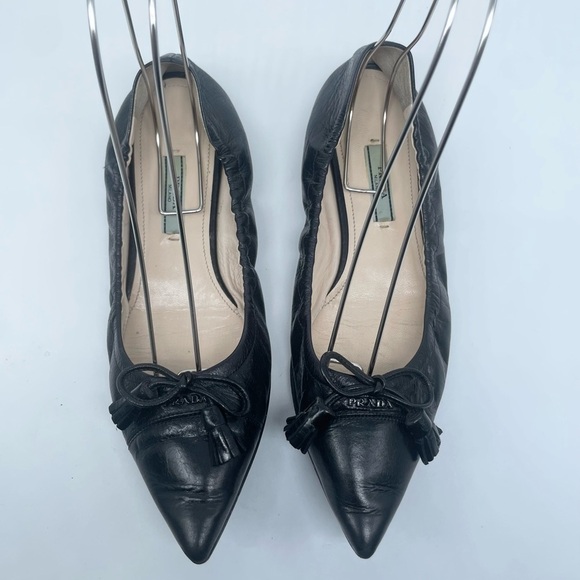 Prada Black Leather Cap toe logo embellish bow tie stretch ballerina flats EU 38 - Picture 3 of 13